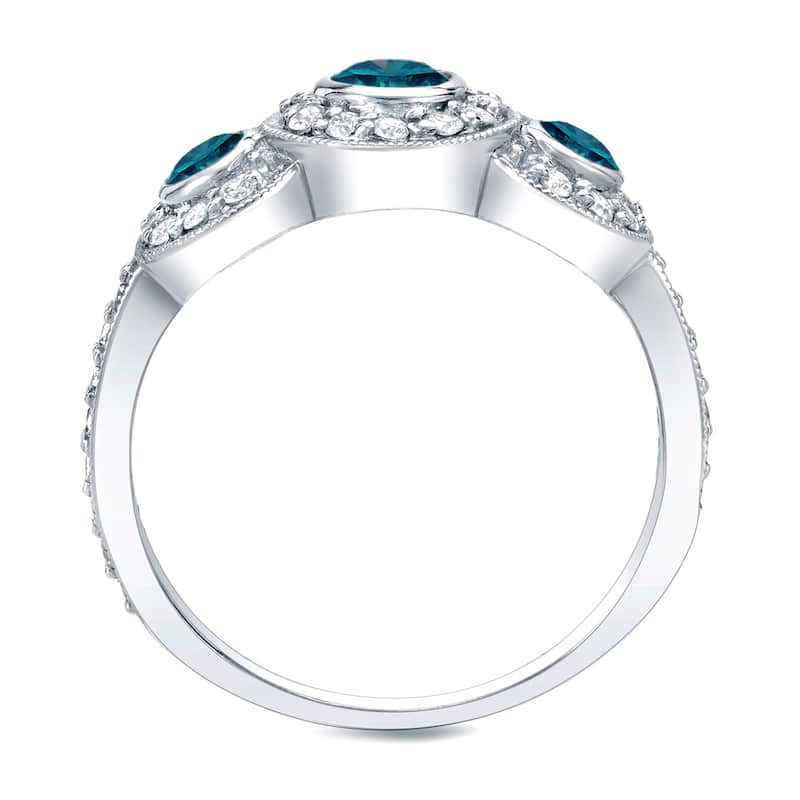 Auriya 1ctw Unique 3-stone Halo Blue Diamond Engagement Ring 14k Gold
