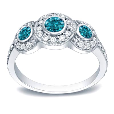 Auriya 1ctw Unique 3-stone Halo Blue Diamond Engagement Ring 14k Gold