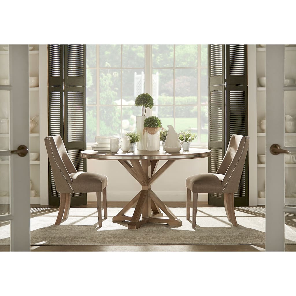 Abbott Rustic Round Stainless Steel Strap Oak Trestle Dining Set by iNSPIRE Q Artisan