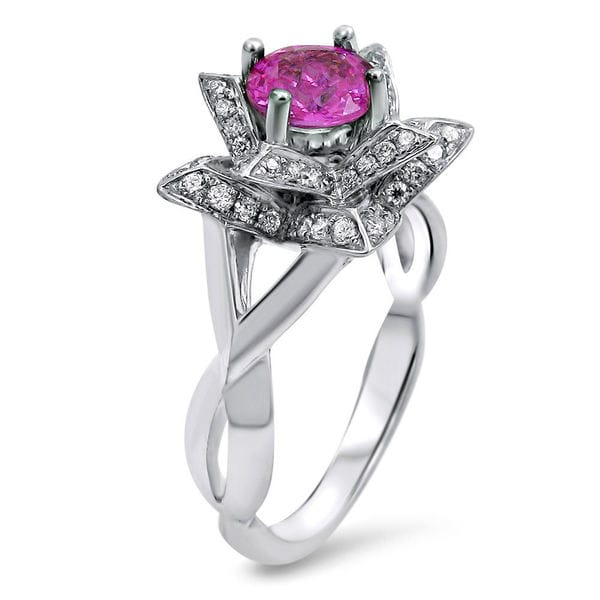 Lotus Flower 14K Yellow Gold Plated Round Pink Sapphire Round Cut Engagement Wedding Ring