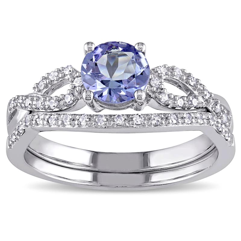 Miadora 10k White Gold Tanzanite and 1/6ct TDW Diamond Bridal Ring Set - Blue