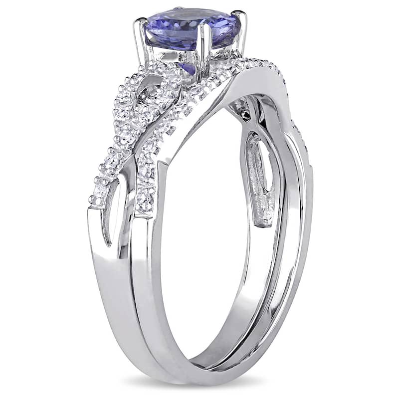 Miadora 10k White Gold Tanzanite and 1/6ct TDW Diamond Bridal Ring Set - Blue