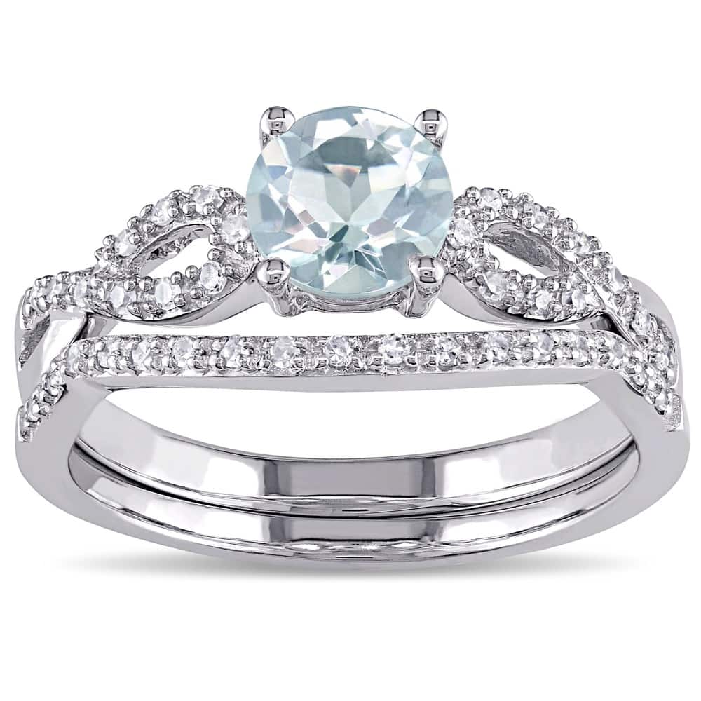 Miadora 10k White Gold Aquamarine and 1/6ct TDW Diamond Bridal Ring Set (G-H, I1-I2) - Blue