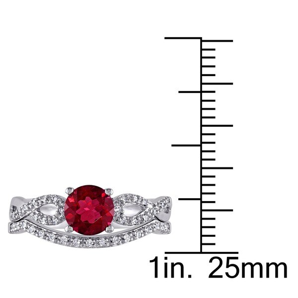 Miadora 10k White Gold Created Ruby and 1/6ct TDW Diamond Bridal Ring Set
