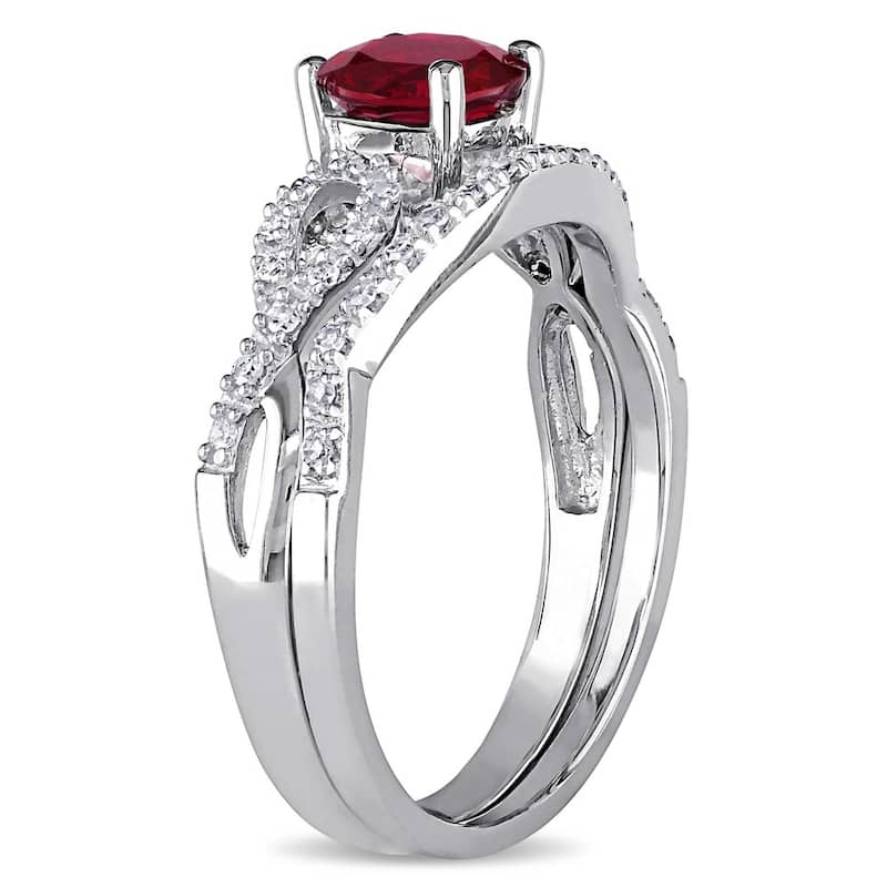 Miadora 10k White Gold Created Ruby and 1/6ct TDW Diamond Bridal Ring Set