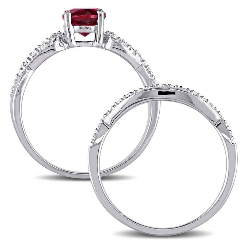 Miadora 10k White Gold Created Ruby and 1/6ct TDW Diamond Bridal Ring Set
