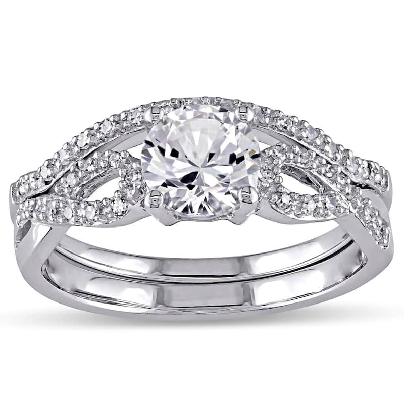 Miadora 10k White Gold Created White Sapphire and 1/6ct TDW Diamond Bridal Set