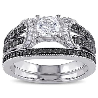Miadora Sterling Silver Created White Sapphire and 2/5ct TDW Black and White Diamond Bridal Ring Set