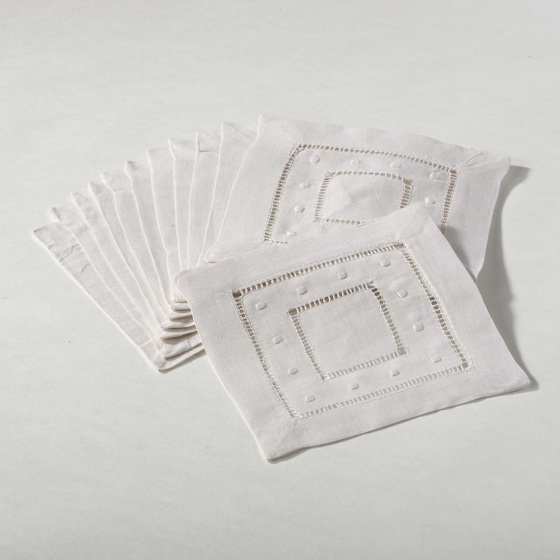 Embroidered Dot and Hemstitched Cocktail Napkin (Set of 12) - White