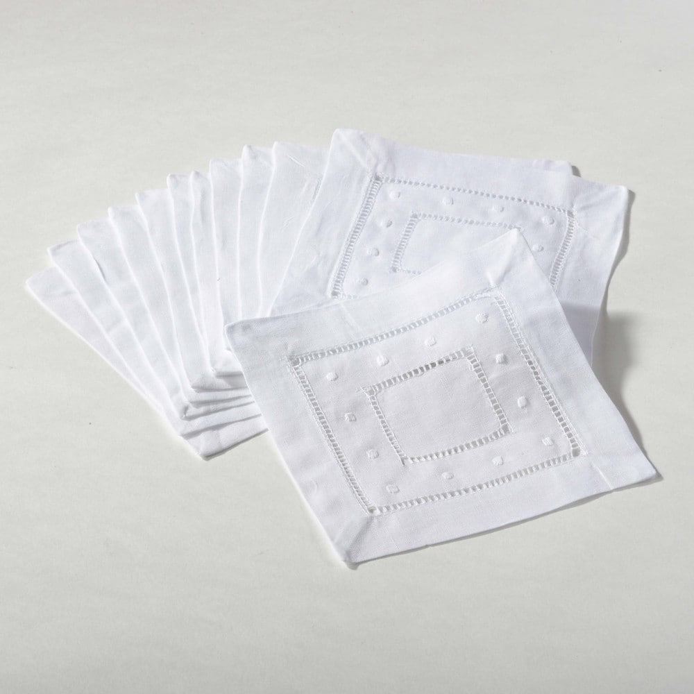 Embroidered Dot and Hemstitched Cocktail Napkin (Set of 12)