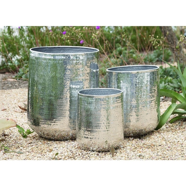 Set of 3 Large Round Silver Hammered Metal Planters by Studio 350