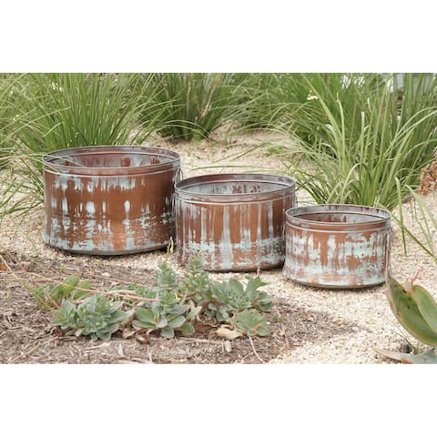 Planters Plant Stands Online At Our Best Outdoor Set Of 3 Rustic Round Distressed Drum Planters By Studio 350