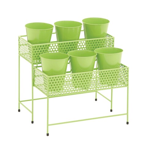 Eclectic 17 x 15 Inch Green Tiered Plant Stand with Pots by Studio 350
