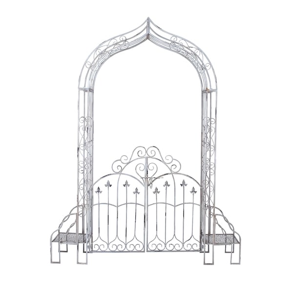 Traditional 91 Inch Arched Iron Garden Gate With Benches by Studio 350