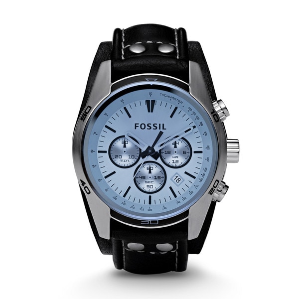 Blue Glass Chronograph Black Leather Strap Men's Watch