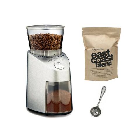 Capresso 565.05 Infinity Stainless Steel Conical Burr Grinder/Grand Aroma Coffee Beans (8.8-ounce) Swiss Roast and Measure Spoon