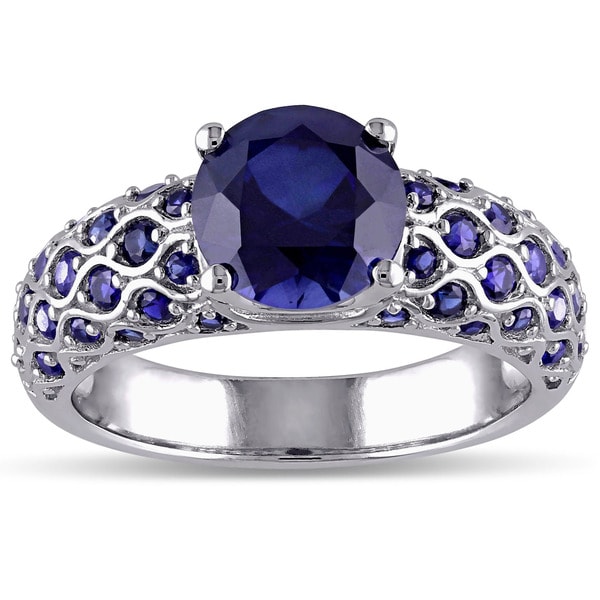 Miadora Created Blue Sapphire Engagement Ring in 10k White Gold