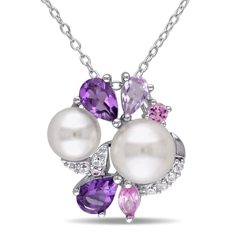 Miadora Sterling Silver Cultured Freshwater White Pearl Multi-gemstone Necklace (6.5-8 mm)