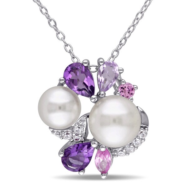 Miadora Sterling Silver Cultured Freshwater White Pearl Multi-gemstone Necklace (6.5-8 mm)