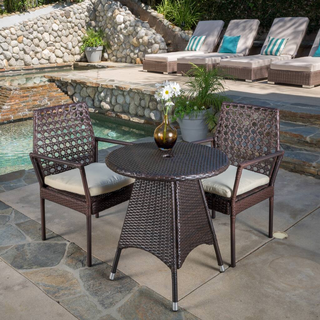 Robbins Outdoor 3-piece Wicker Bistro Set with Cushions by Christopher Knight Home