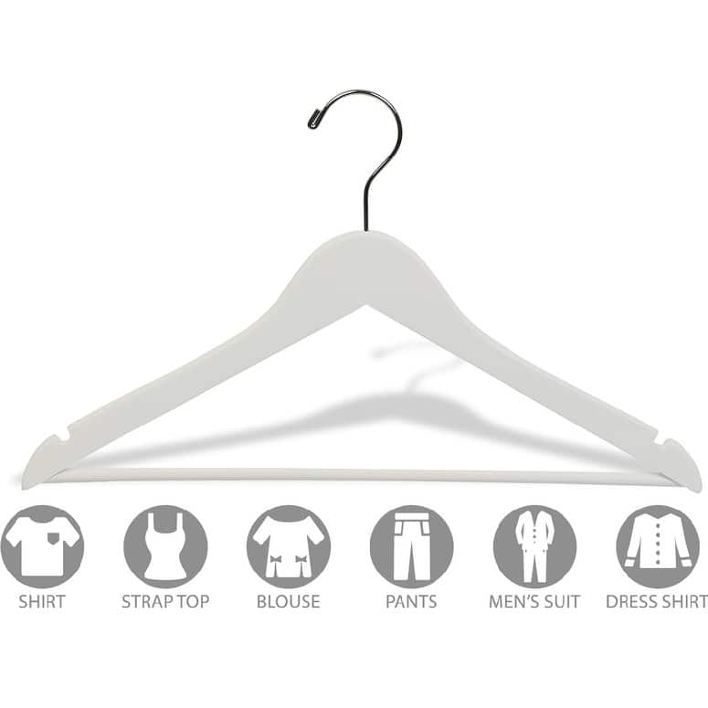 White Wooden Suit Hanger with Bar and Chrome Swivel Hook