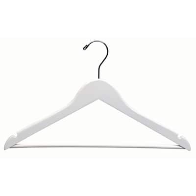 White Wooden Suit Hanger with Bar and Chrome Swivel Hook