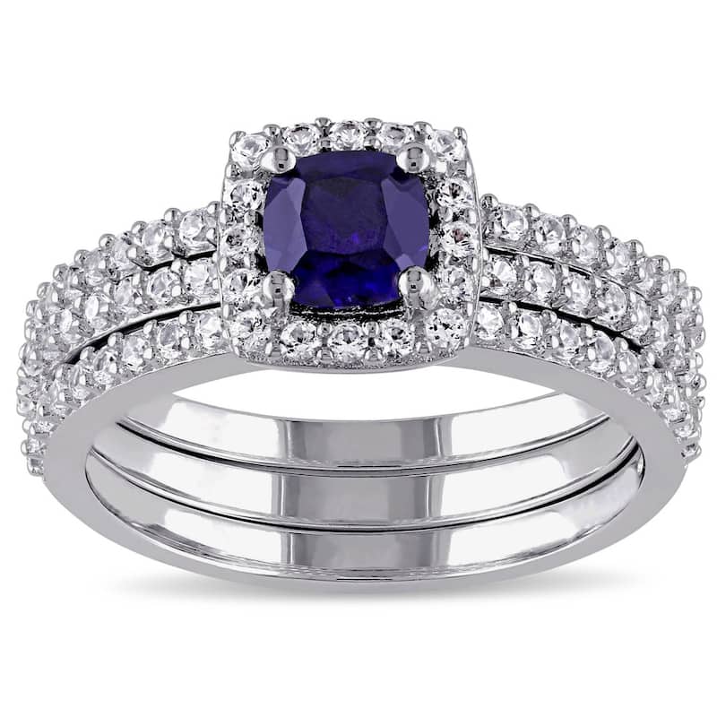 Miadora Sterling Silver Created Blue and White Sapphire Bridal Ring Set - 5