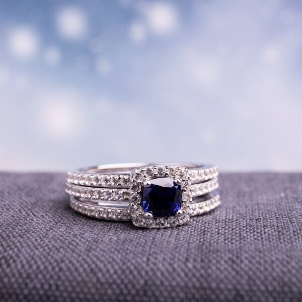 slide 1 of 9, Miadora Sterling Silver Created Blue and White Sapphire Bridal Ring Set