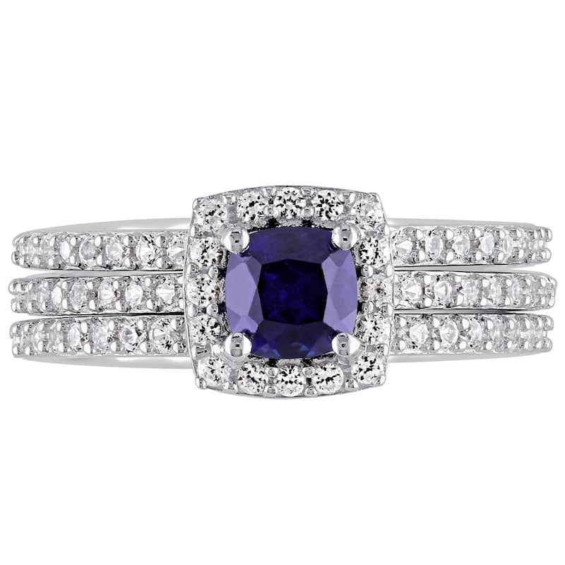 Miadora Sterling Silver Created Blue and White Sapphire Bridal Ring Set