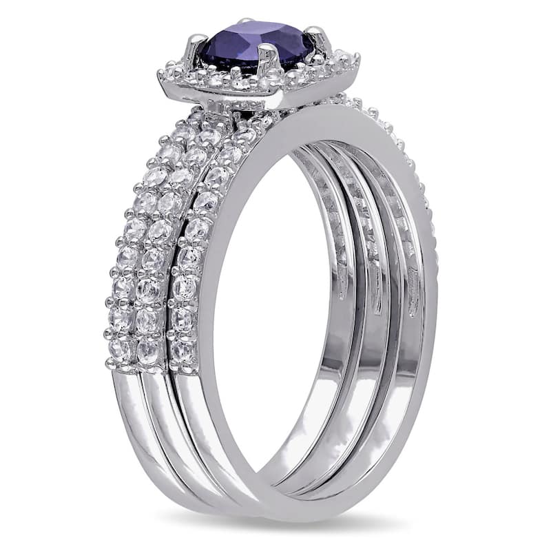 Miadora Sterling Silver Created Blue and White Sapphire Bridal Ring Set