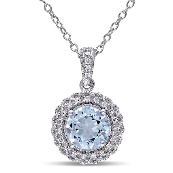 Miadora Sterling Silver Blue Topaz 1/10ct TDW Diamond Halo Necklace (G