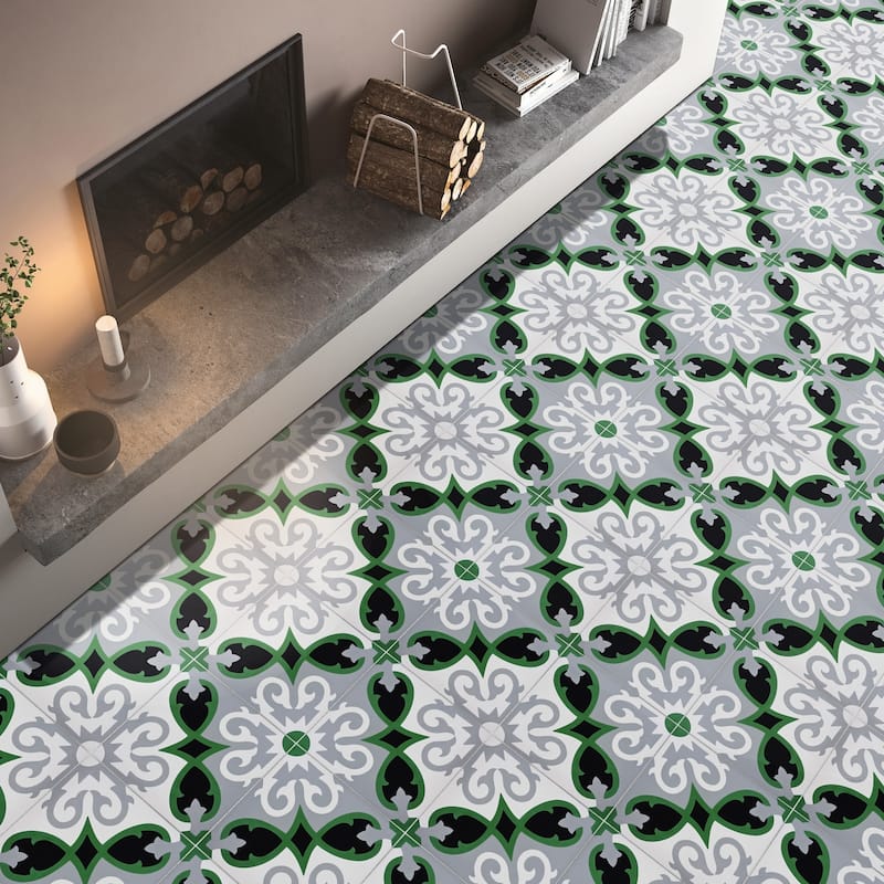 Handmade Agadir in Green, Grey, Black Cement Tile, Pack of 12 (Morocco)
