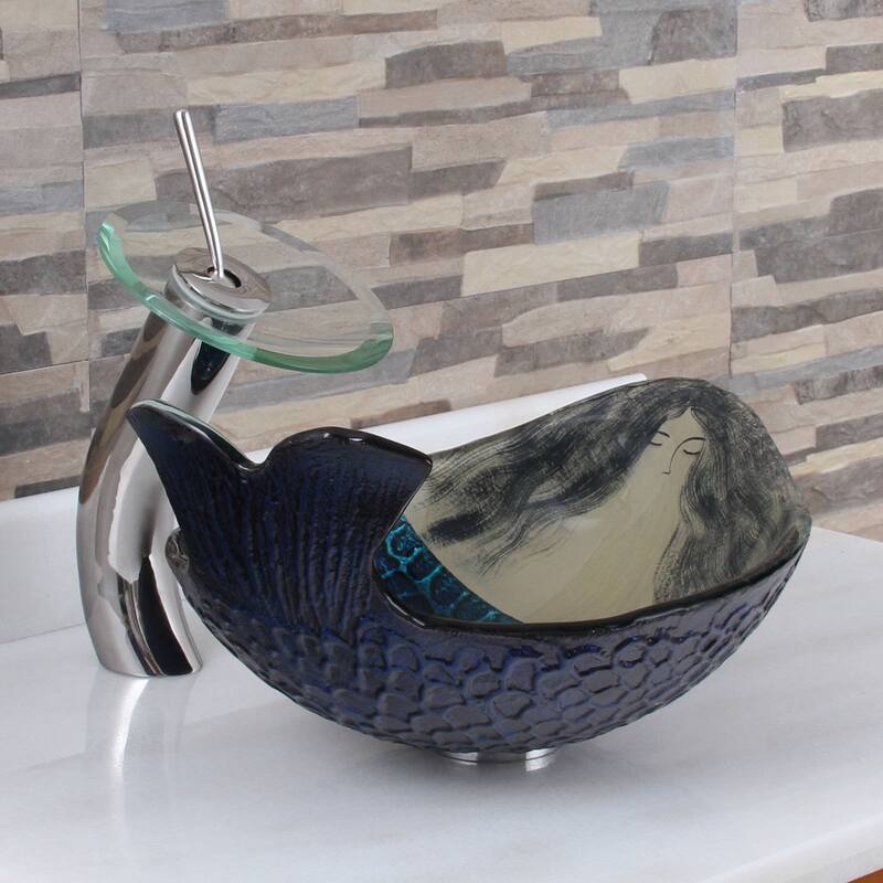 Elite Mermaid IVAN+F22T Pattern Tempered Glass Bathroom Vessel Sink and Waterfall Faucet Combo