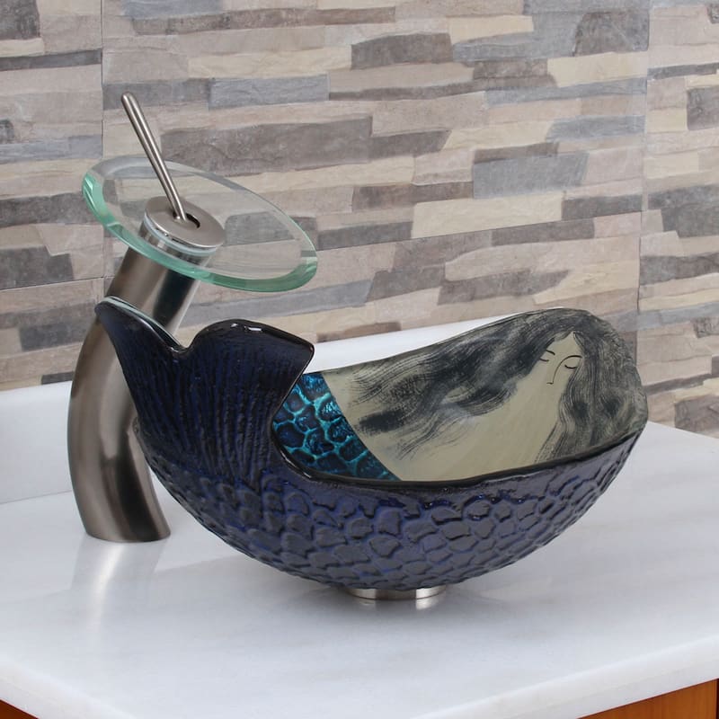 Elite Mermaid IVAN+F22T Pattern Tempered Glass Bathroom Vessel Sink and Waterfall Faucet Combo