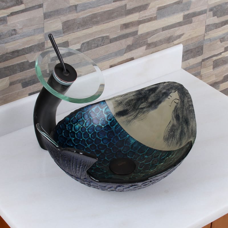 Elite Mermaid IVAN+F22T Pattern Tempered Glass Bathroom Vessel Sink and Waterfall Faucet Combo - Oil Rubbed Bronze Finish Faucet+Sink
