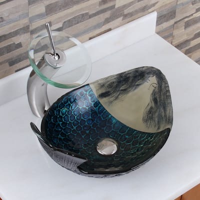 Elite Mermaid IVAN+F22T Pattern Tempered Glass Bathroom Vessel Sink and Waterfall Faucet Combo