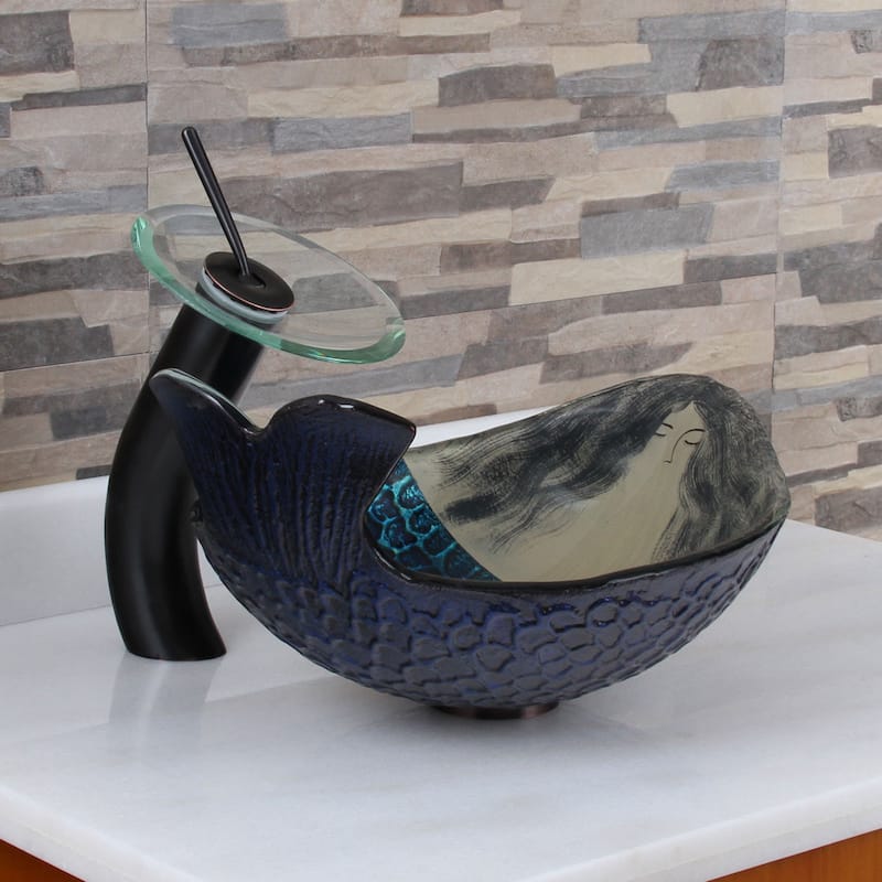 Elite Mermaid IVAN+F22T Pattern Tempered Glass Bathroom Vessel Sink and Waterfall Faucet Combo