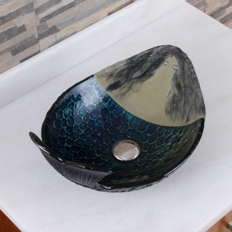 Elite Mermaid IVAN+F371023 Pattern Tempered Glass Bathroom Vessel Sink with Faucet Combo