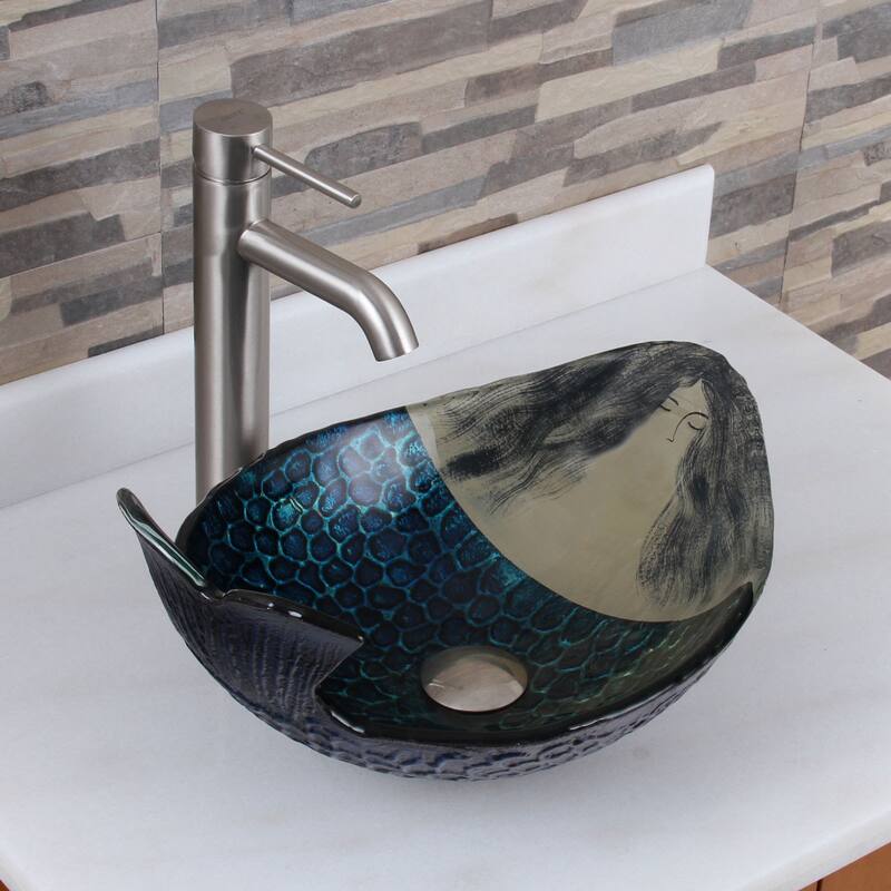 Elite Mermaid IVAN+F371023 Pattern Tempered Glass Bathroom Vessel Sink with Faucet Combo - Brushed Nickel Finish Faucet+Sink