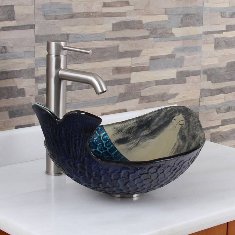 Elite Mermaid IVAN+F371023 Pattern Tempered Glass Bathroom Vessel Sink with Faucet Combo