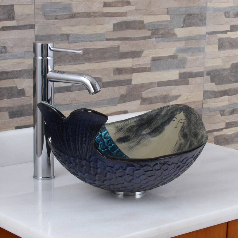 Elite Mermaid IVAN+F371023 Pattern Tempered Glass Bathroom Vessel Sink with Faucet Combo