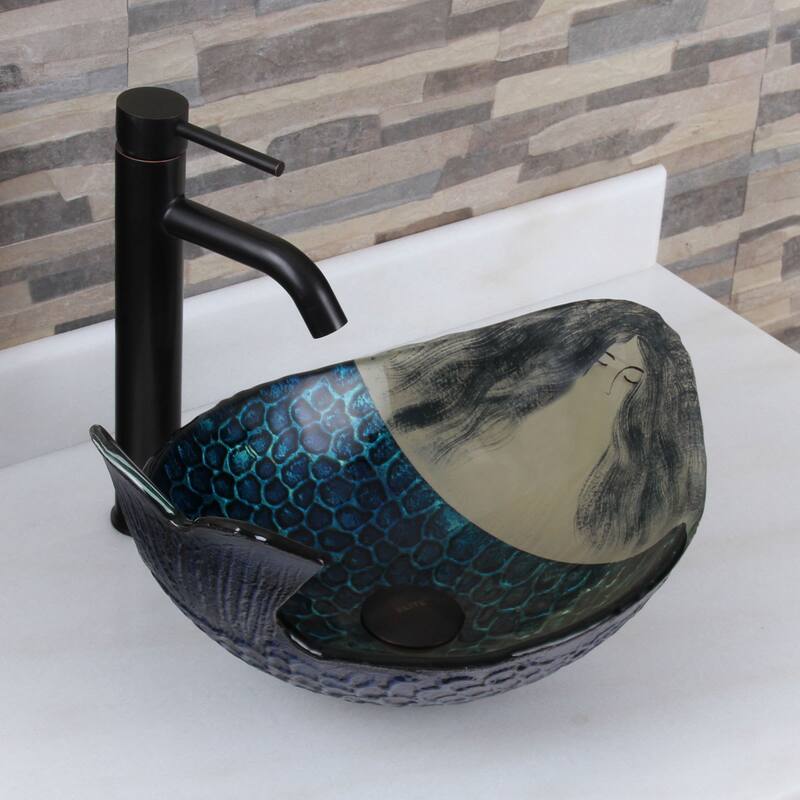 Elite Mermaid IVAN+F371023 Pattern Tempered Glass Bathroom Vessel Sink with Faucet Combo - Oil Rubbed Bronze Finish Faucet+Sink