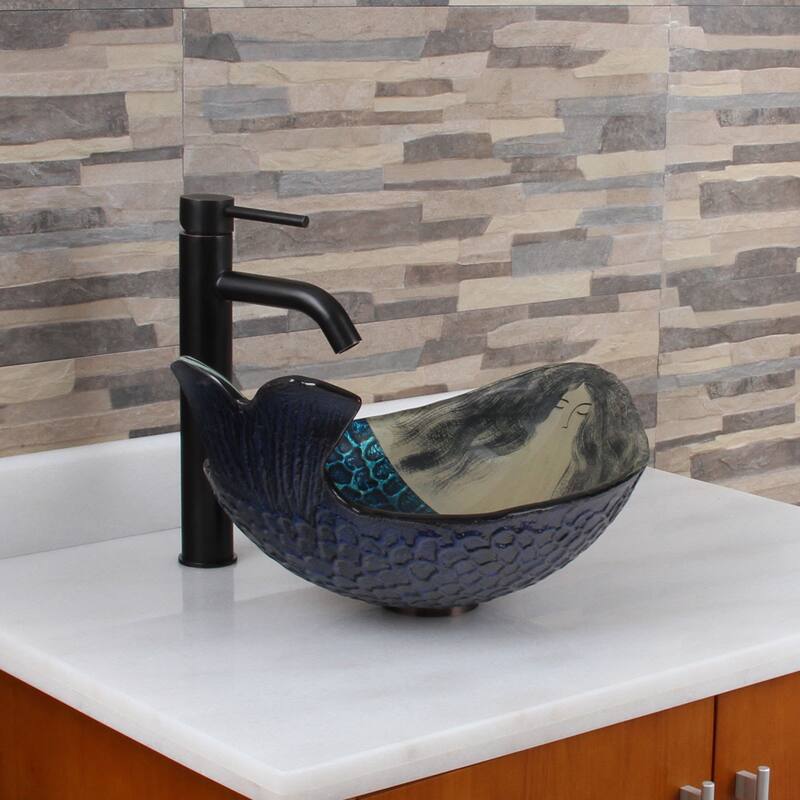 Elite Mermaid IVAN+F371023 Pattern Tempered Glass Bathroom Vessel Sink with Faucet Combo