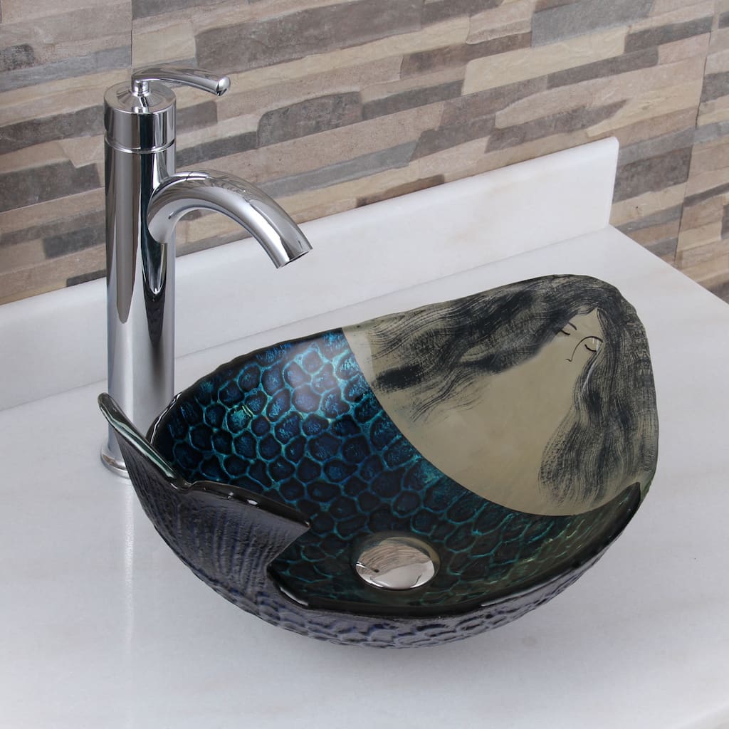 Elite Mermaid IVAN+882002 Pattern Tempered Glass Bathroom Vessel Sink with Faucet Combo