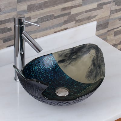 Elite Mermaid IVAN+2659 Pattern Tempered Glass Bathroom Vessel Sink with Faucet Combo