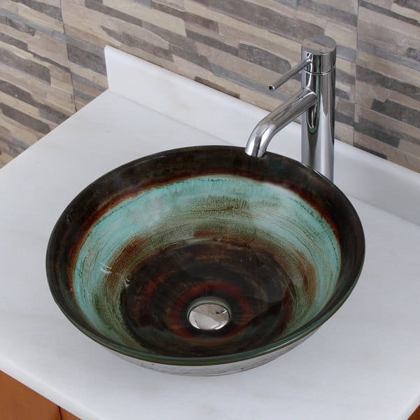 ELITE Tempered Bathroom White Pattern Glass Vessel Sink & Brushed Nickel Faucet Combo