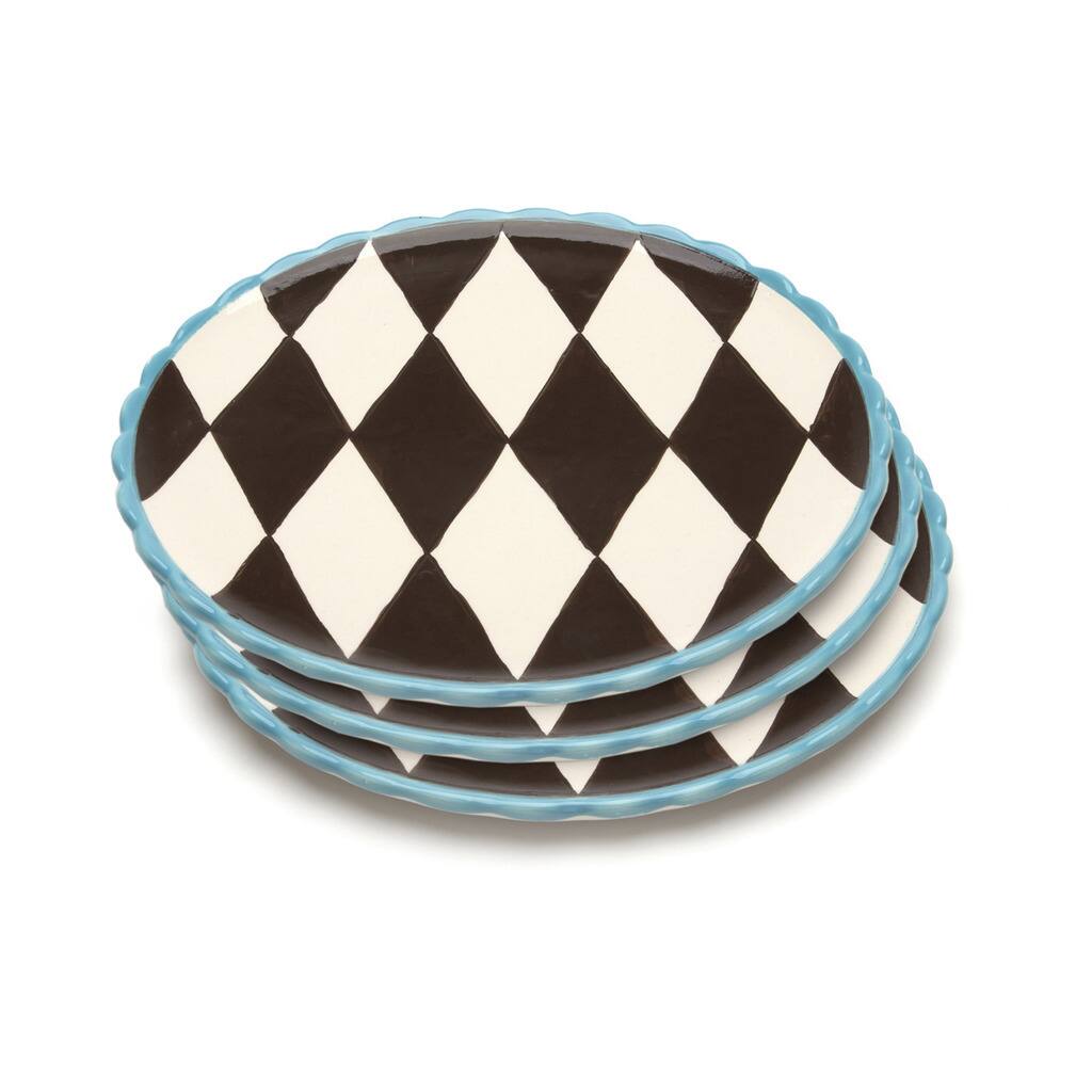 Blue Brûlée Dinner Plates in Losange Pattern with Blue Border by La Cote (Set of 3)