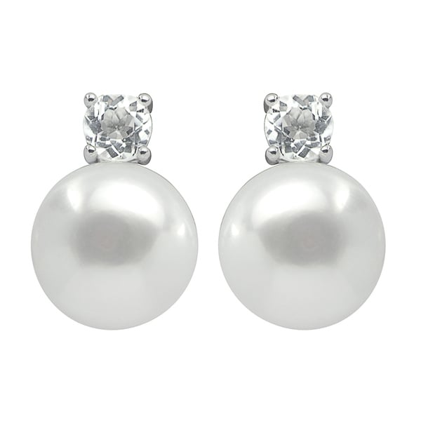 Shop Sterling Silver White Button Pearl and White Topaz Earrings (12-13 ...