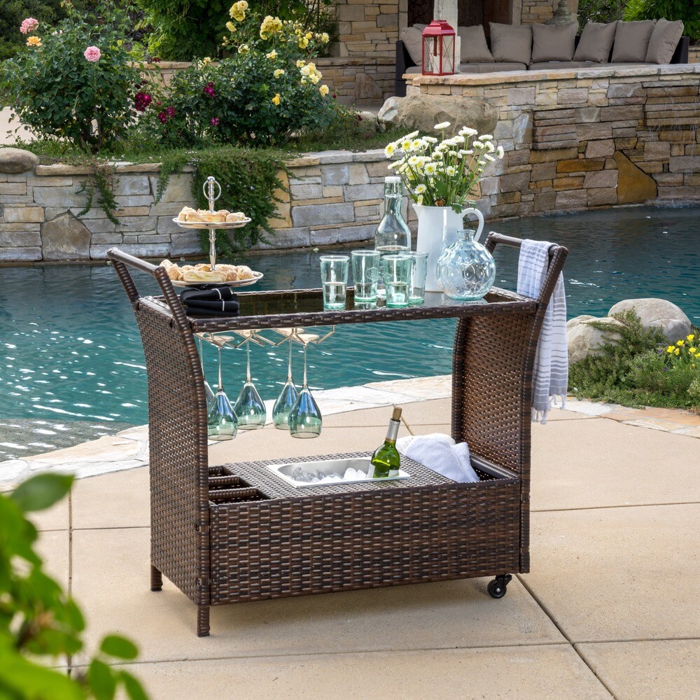 Bahama Outdoor Wicker/Glass Bar Cart by Christopher Knight Home