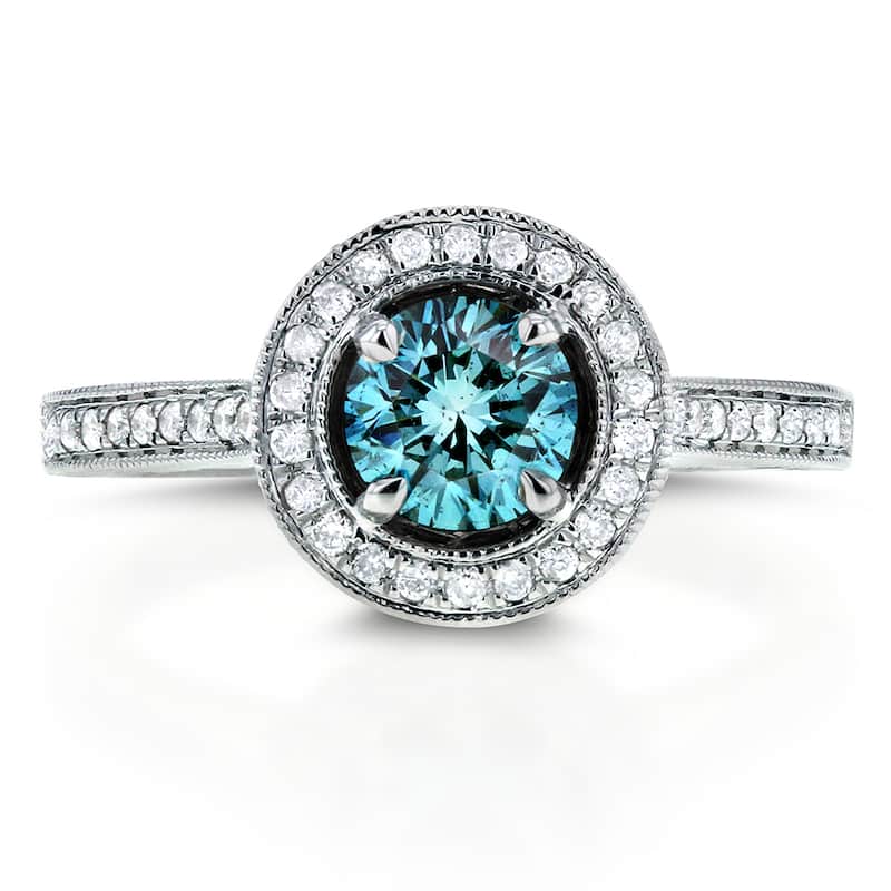 Kobelli 1.05 Carat Fancy Blue Diamond 14k Solid White Gold Halo Multi-Row Half Eternity Vintage Style Ring